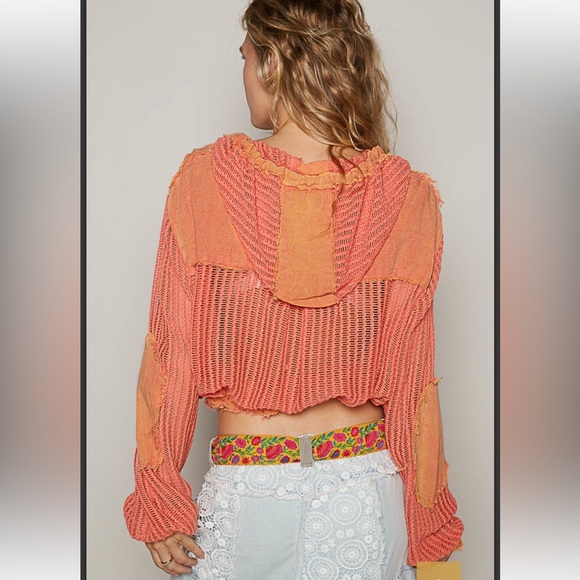 #256 🧡 Coral Open Knit Button-Up Hoodie Jacket - Picture 2 of 6